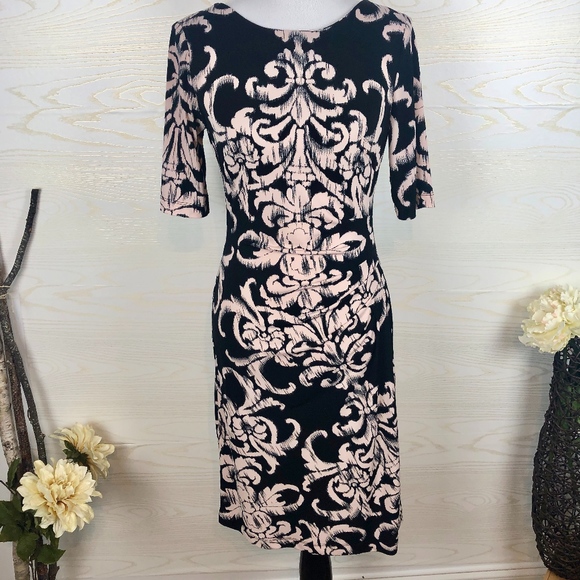 dressbarn Dresses & Skirts - Dressbarn Black & Pink Scrolling Floral Midi dress